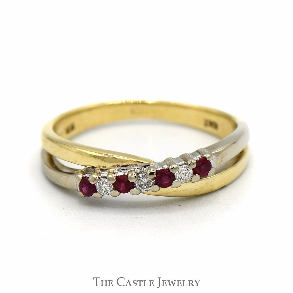 Simple Work Artisan Expression Round Ruby & Diamond Two Tone Crossover Band in 10k Yellow & White Gold