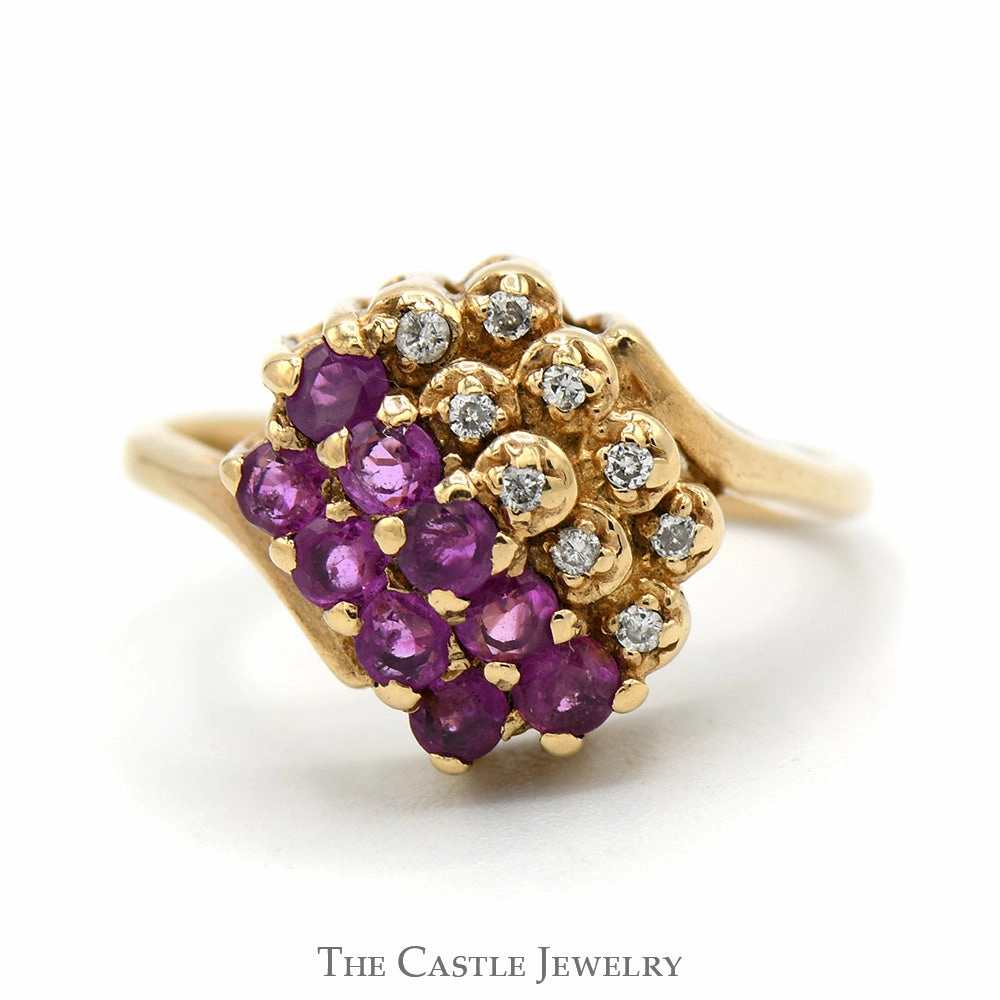 Nighttime Gift Round Ruby & Illusion Set Diamond Cluster Ring in 14k Yellow Gold