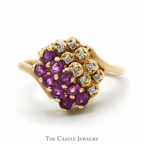 Nighttime Gift Round Ruby & Illusion Set Diamond Cluster Ring in 14k Yellow Gold