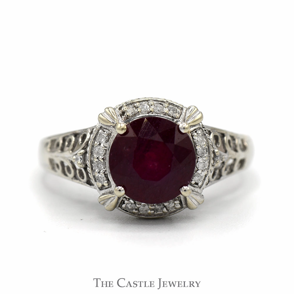 Contemporary Grace Round Ruby Ring with Diamond Bezel and Scrollwork Sides in 10k White Gold