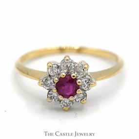 Round Ruby Ring with Diamond Halo in 10k Yellow Gold Unique Art Timeless Trend