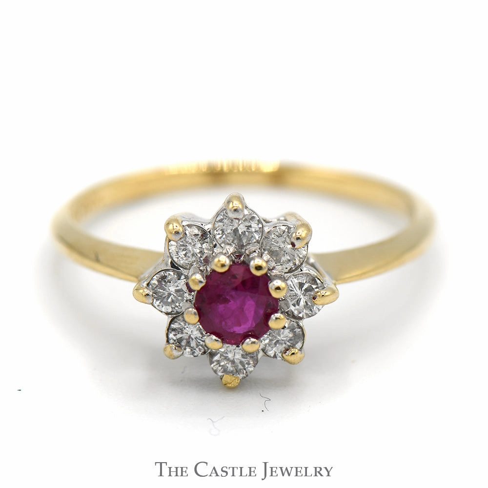 Round Ruby Ring with Diamond Halo in 10k Yellow Gold Unique Art Timeless Trend