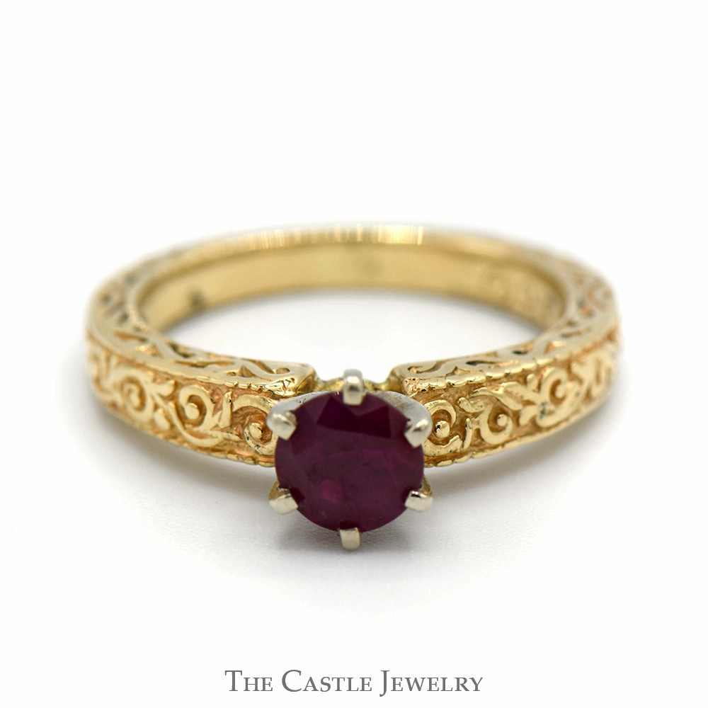 Round Ruby Ring with Floral Scroll Designed Sides in 14k Yellow Gold Simple Accent