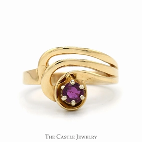Vintage Emblem Handcrafted Expression Round Ruby Solitaire Ring with Open Swirled Design in 10k Yellow Gold
