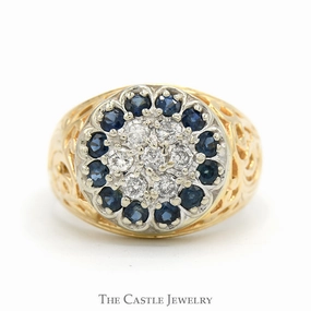 Polished Edge Round Sapphire & 1/2cttw Diamond Kentucky Cluster Ring with Open Filigree Sides in 14k Yellow Gold