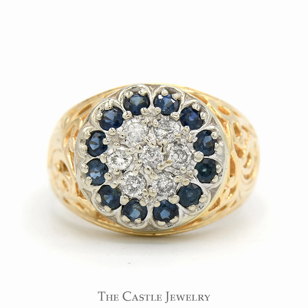 Polished Edge Round Sapphire & 1/2cttw Diamond Kentucky Cluster Ring with Open Filigree Sides in 14k Yellow Gold