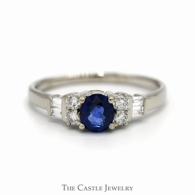 Round Sapphire Ring with Baguette and Round Diamond Accented Sides in 14k White Gold Trendy Work Modern Motion