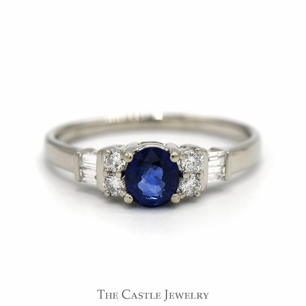 Round Sapphire Ring with Baguette and Round Diamond Accented Sides in 14k White Gold Trendy Work Modern Motion