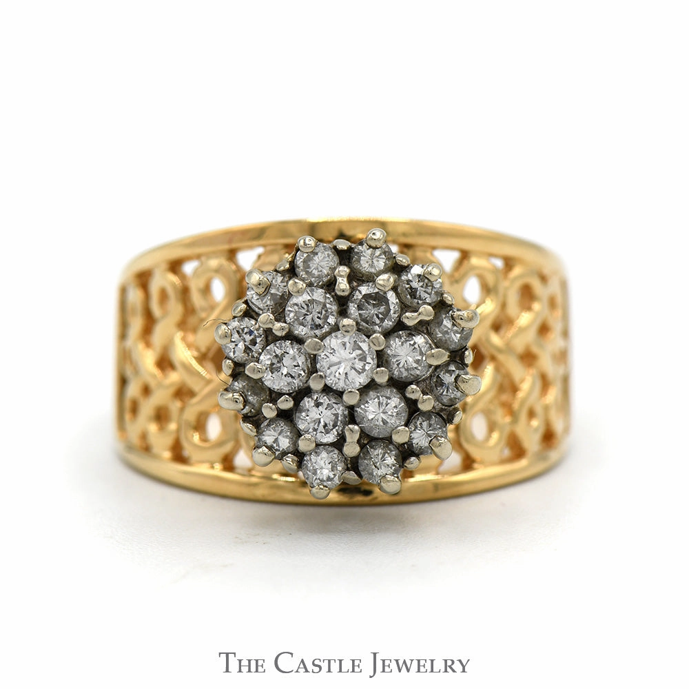 Round Shaped 3/4cttw Diamond Cluster Ring with Open Lattice Sides in 14k Yellow Gold Weekend Style