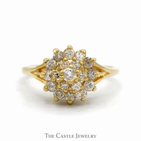 Artistic Decoration Functional Style Round Shaped 3/4cttw Diamond Cluster Ring with Split Shank Sides in 14k Yellow Gold