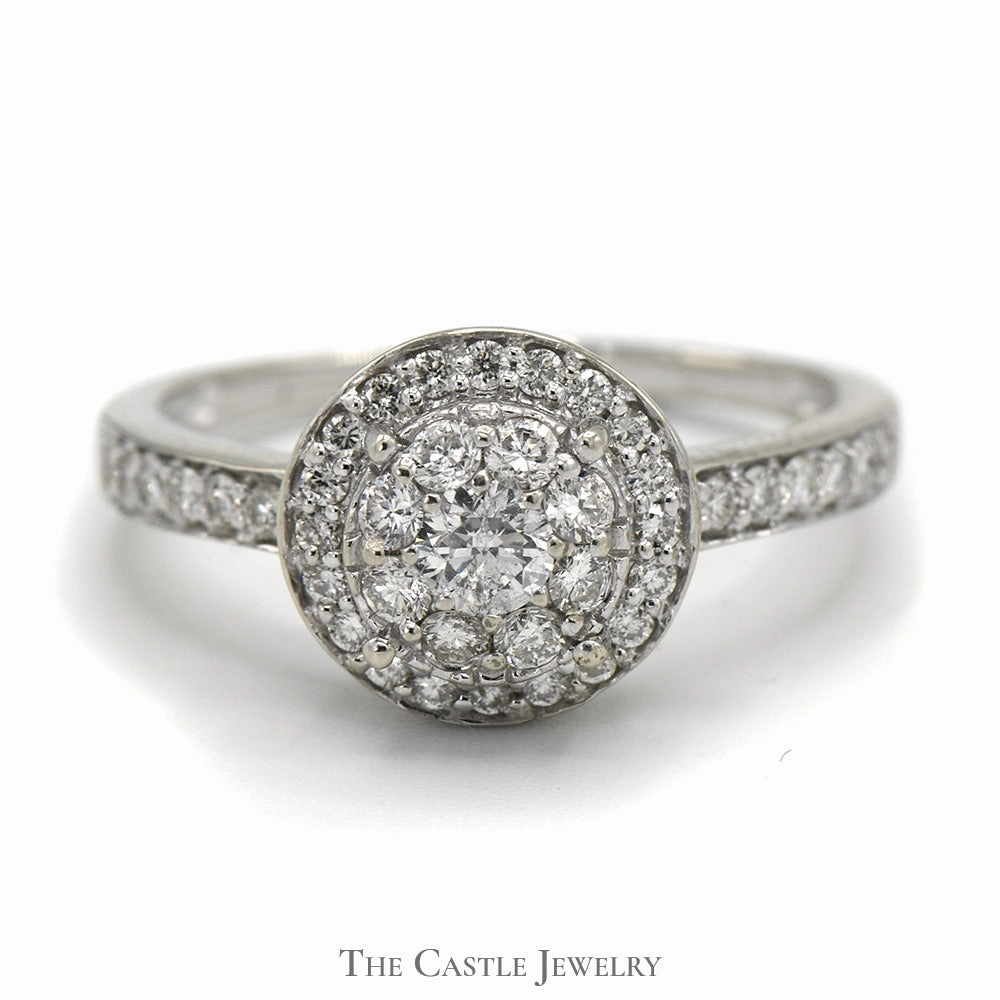 Vintage Mark Round Shaped Diamond Cluster Ring with Diamond Halo and Accents in 14k White Gold