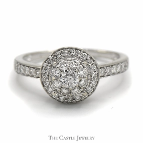 Vintage Mark Round Shaped Diamond Cluster Ring with Diamond Halo and Accents in 14k White Gold