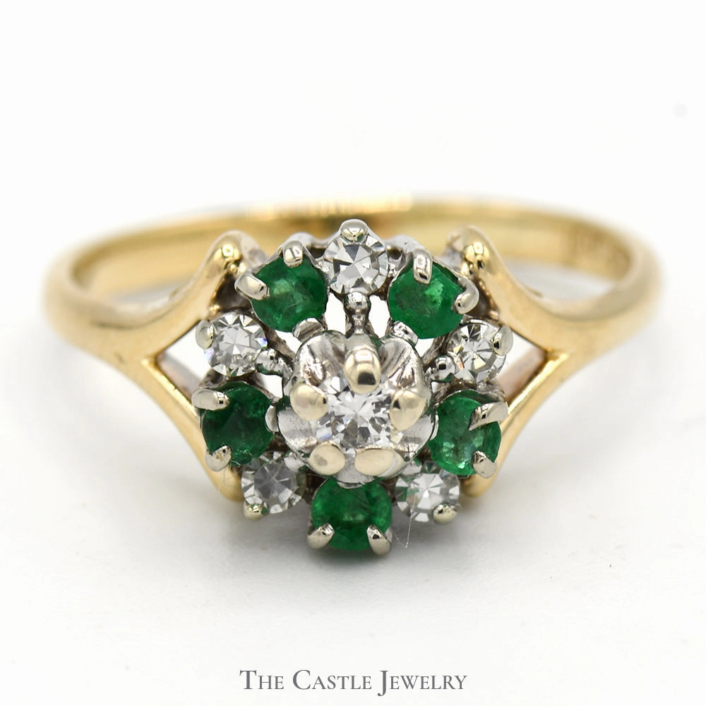 Vibrant Touch Round Shaped Emerald and Diamond Cluster Ring in 14k Yellow Gold
