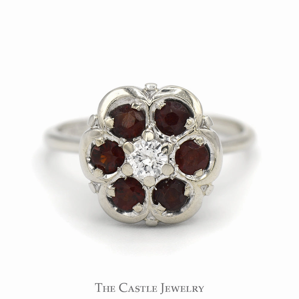 Traditional Art Animal Print Round Shaped Garnet Cluster Ring with Round Diamond Center in 14k White Gold