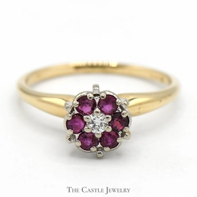 Modern Decoration Round Shaped Ruby and Diamond Cluster Ring in 14k Yellow Gold
