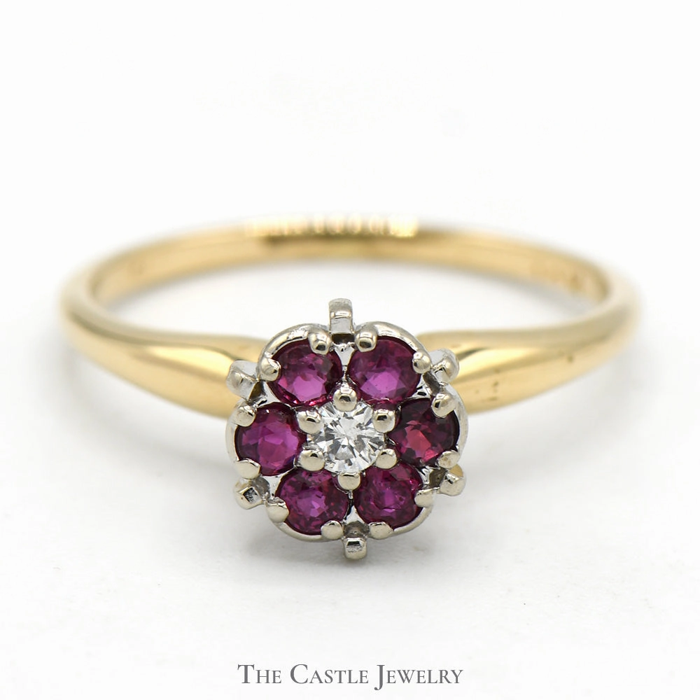 Modern Decoration Round Shaped Ruby and Diamond Cluster Ring in 14k Yellow Gold