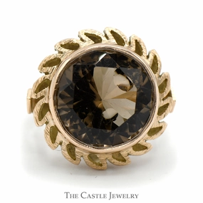 Round Smokey Quartz Ring with Leaf Designed Open Bezel in 14k Yellow Gold Professional Look