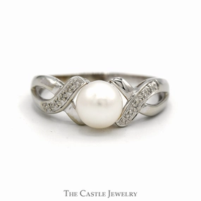 Round White Pearl Ring with Diamond Accented Twisted Sides in 10k White Gold Office Gift