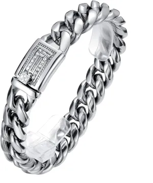 ROWIN&CO Miami Cuban Link Chain for Men 15mm Silver Stainless Steel Curb Necklace/Bracelet, Mens Jewelry, Durable & Anti-Tarnish CZ Diamond Clasp Chain 8" 20" to 35" Inch