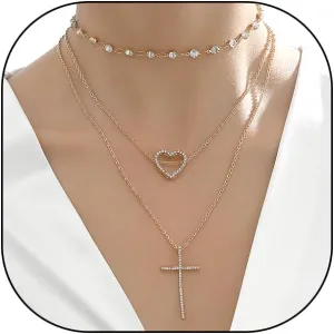 Rrdaily Layered Crystal Cross Heart Choker Necklaces for Women 14k Gold Crucifix Love Pendant Necklaces Trendy Stackable Chain Necklaces Jewelry