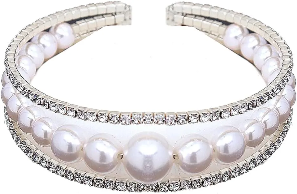 Rrdaily Multi Row Rhinestone Pearl Cuff Bracelet for Women,Trendy Bling Gold Multi-Layered Wide Bracelet for Bridal Bridesmaid,Silver Cz Tennis Chain Bangle