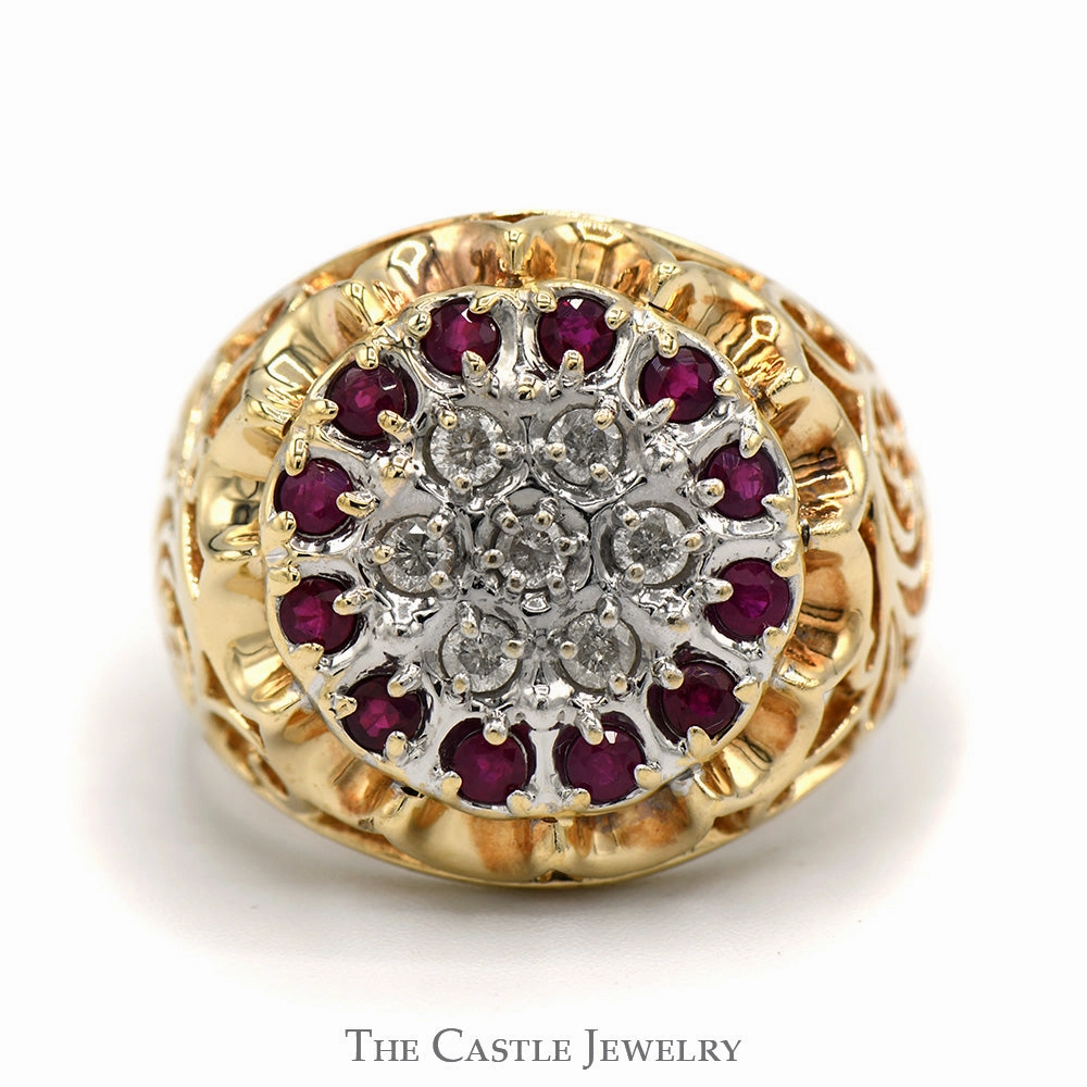 Eternal Embellishment Ruby & Diamond 19 Stone Kentucky Cluster Ring with Open Filigree Sides in 10k Yellow Gold
