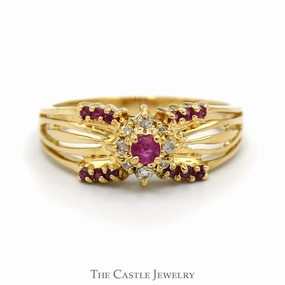 His Present Classic Insignia Ruby & Diamond Cluster Ring with Split Shank Ornate Sides in 14k Yellow Gold