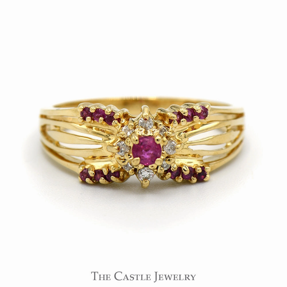 His Present Classic Insignia Ruby & Diamond Cluster Ring with Split Shank Ornate Sides in 14k Yellow Gold