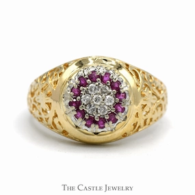 Superior Style Bold Decoration Ruby & Diamond Kentucky Cluster Ring with Open Filigree Sides in 10k Yellow Gold