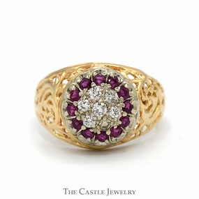 Everyday Charm Eternal Product Ruby & Diamond Kentucky Cluster Ring with Open Filigree Sides in 14k Yellow Gold