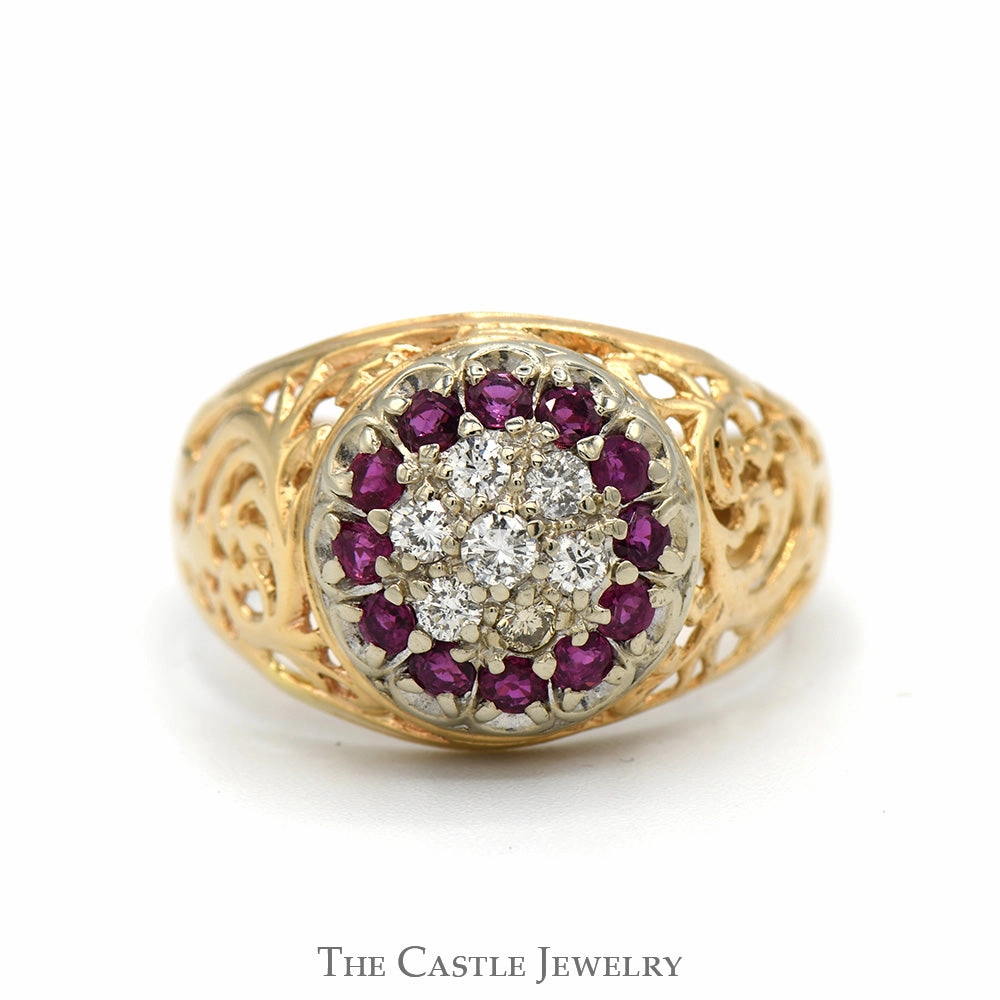 Everyday Charm Eternal Product Ruby & Diamond Kentucky Cluster Ring with Open Filigree Sides in 14k Yellow Gold