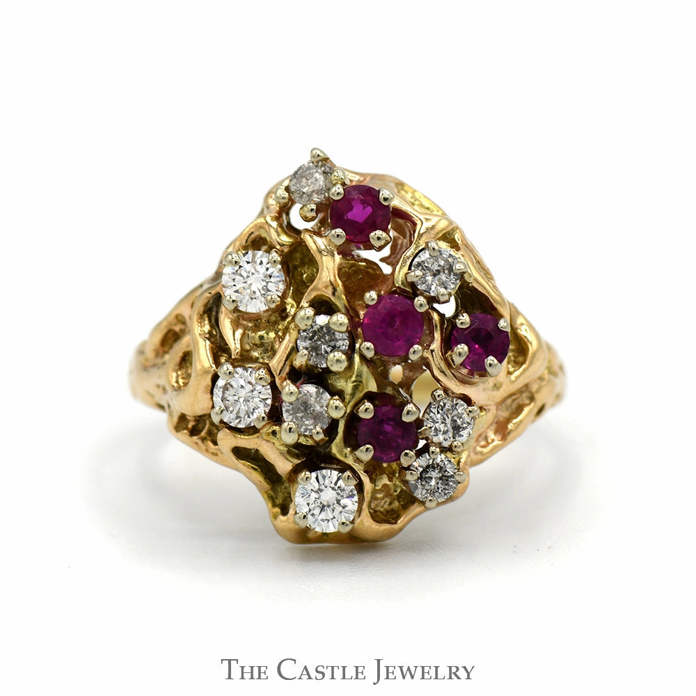 Refined Beauty Ruby and .33 CTTW Diamond Freeform Cluster Ring  in 10KT Yellow Gold