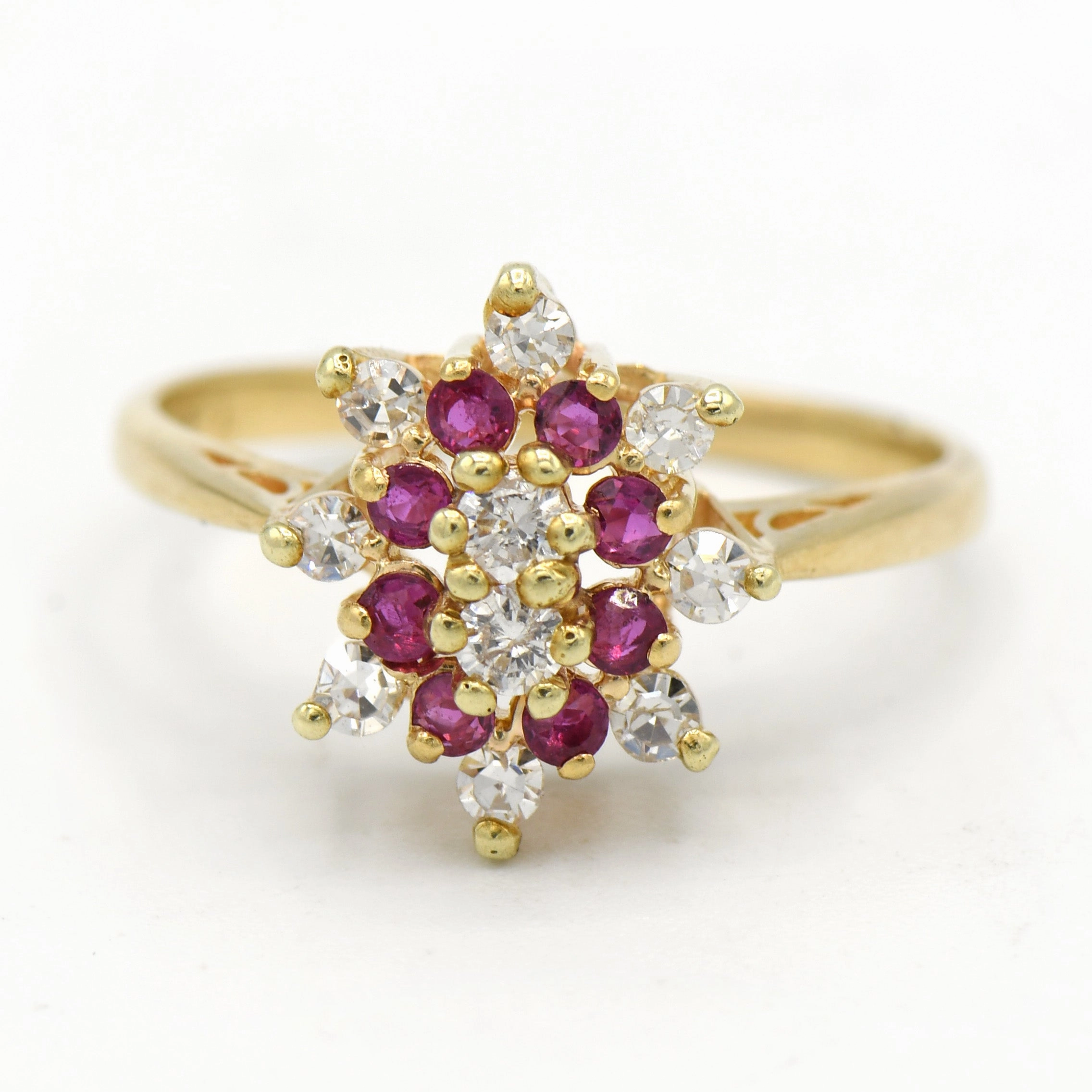 Elegant Vibe Fashionable Design Ruby and Diamond Cluster Ring in 14k Yellow Gold Catherdral Mounting