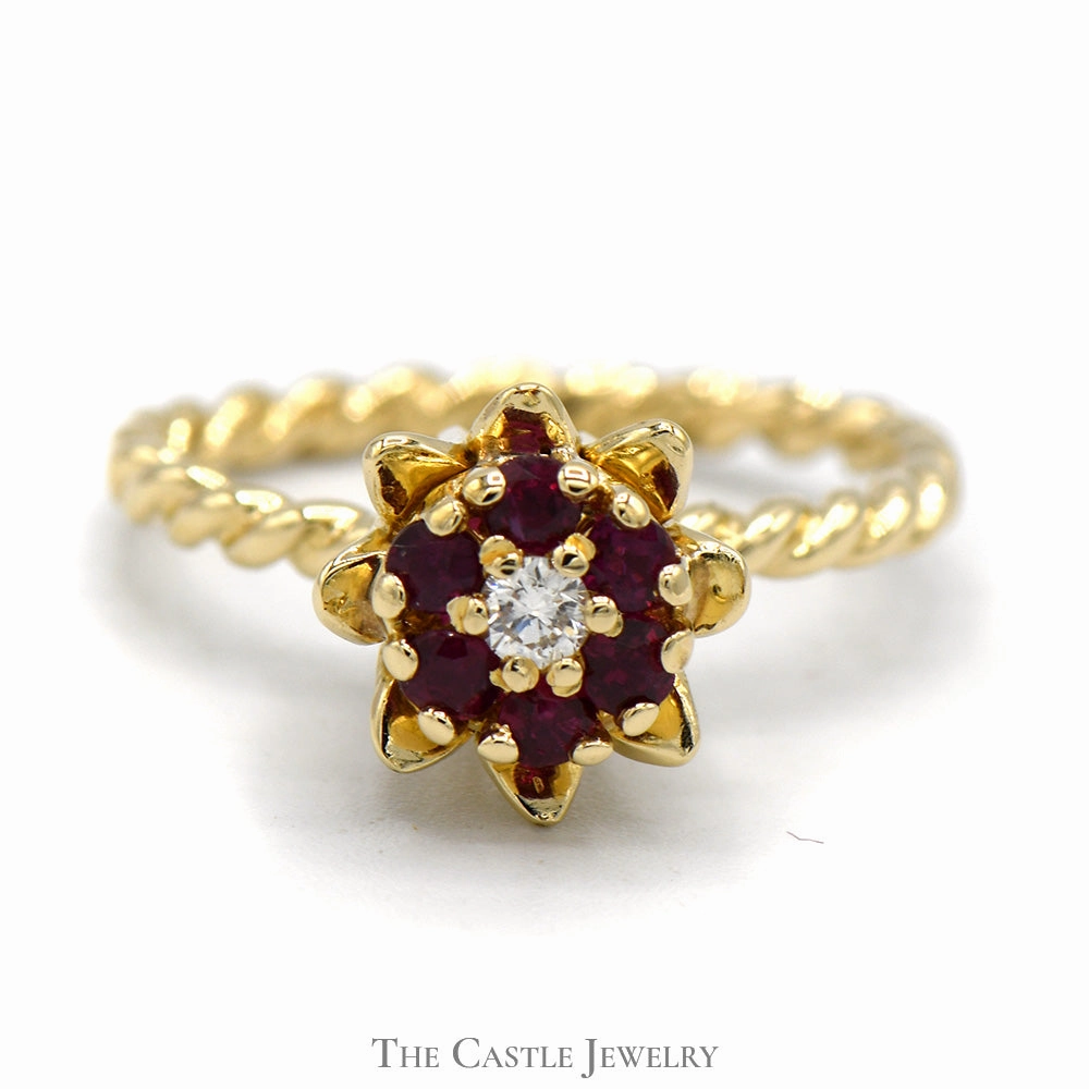Modern Balance Party time Ruby and Diamond Cluster Ring with Flower and Rope Designed 14k Yellow Gold Mounting