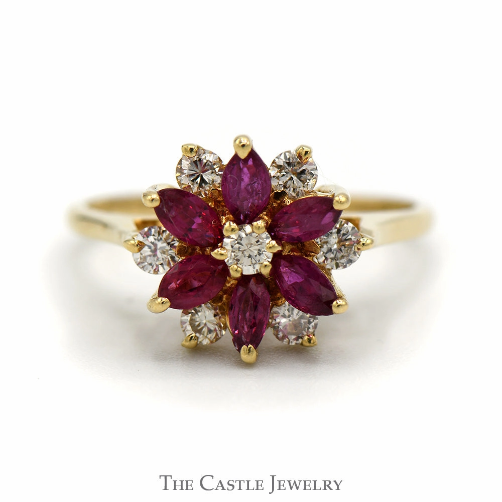 Ruby and Diamond Flower Design Ring with Marquise Cut Rubies and 1/4cttw Round Brilliant Cut Diamonds in 14 KT Yellow Gold Neat Finish Effortless Chic