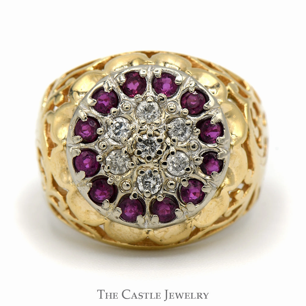 Ruby and Diamond Kentucky Cluster Ring with Open Filigree Sides in 10k Yellow Gold Meaningful Statement Shiny Craft