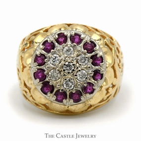 Ruby and Diamond Kentucky Cluster Ring with Open Filigree Sides in 10k Yellow Gold Meaningful Statement Shiny Craft
