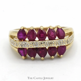 Ruby Cluster Ring with Diamond Accents in 10k Yellow Gold Unique Accessory Elegant Accent