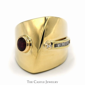 Ruby Dome Ring with Baguette Diamond Accents in V Shaped 14k Yellow Gold Mounting Ritual Object