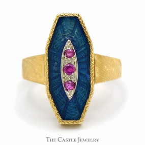Sustainable Material Urban Present Ruby Shield Ring with Blue Enamel Detail in 18k Yellow Gold