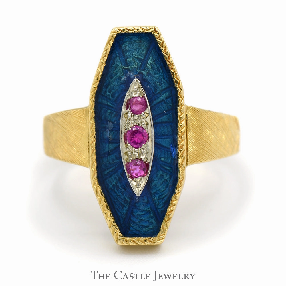 Sustainable Material Urban Present Ruby Shield Ring with Blue Enamel Detail in 18k Yellow Gold