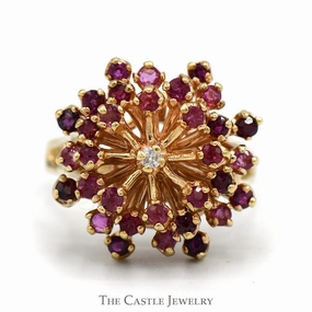 Fantastic Symbol Fine Object Ruby Starburst Cluster Ring with Diamond Accent in 10k Yellow Gold
