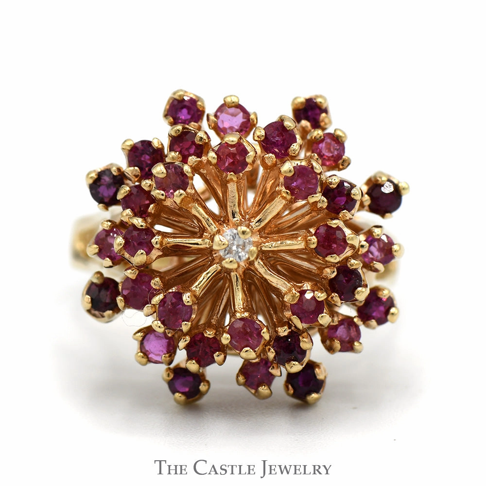 Fantastic Symbol Fine Object Ruby Starburst Cluster Ring with Diamond Accent in 10k Yellow Gold