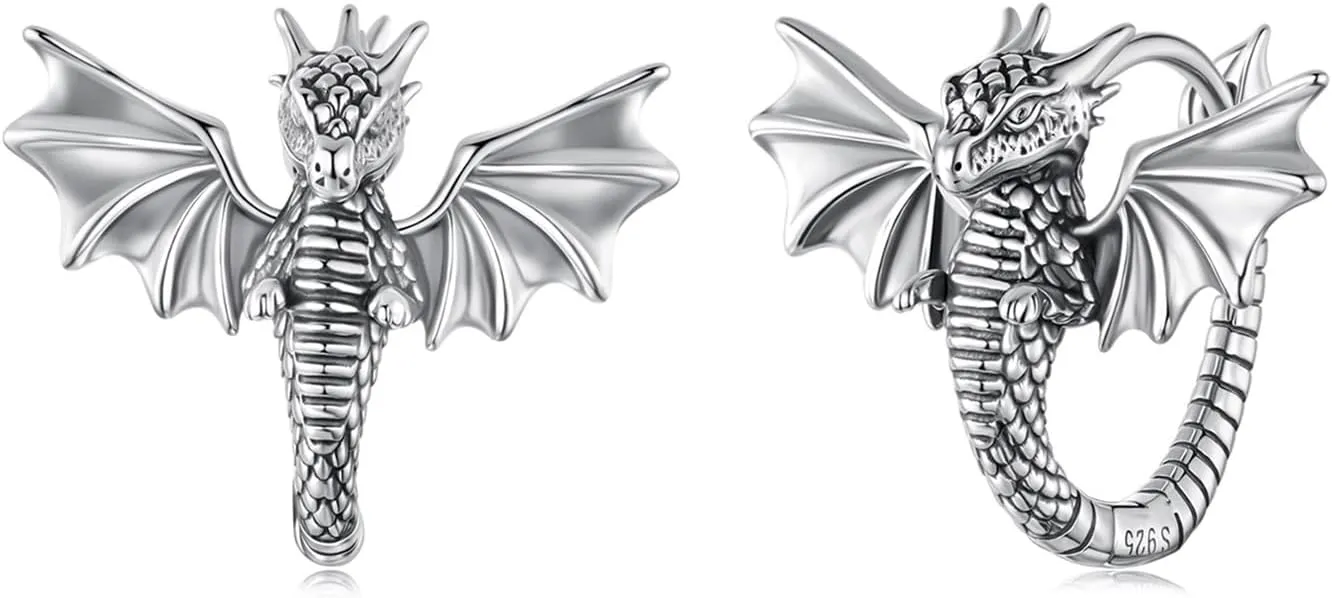 S925 Sterling Silver Dragon Ear Cuffs | Chinese Style Oxidized Hoop Earrings | Vintage Mythology Jewelry Gift Set with Anti-Tarnish Cloth