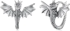 S925 Sterling Silver Dragon Ear Cuffs | Chinese Style Oxidized Hoop Earrings | Vintage Mythology Jewelry Gift Set with Anti-Tarnish Cloth