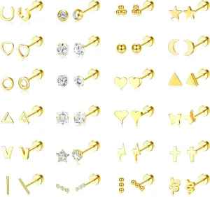 Sanfenly Flat Back Stud Earrings for Women Men Hypoallergenic 14K Gold Plated Surgical Stainless Steel Tiny Small Screw Back Stud Earring Sets Dainty 20g Cartilage Earring Pack Helix Piercing Jewelry