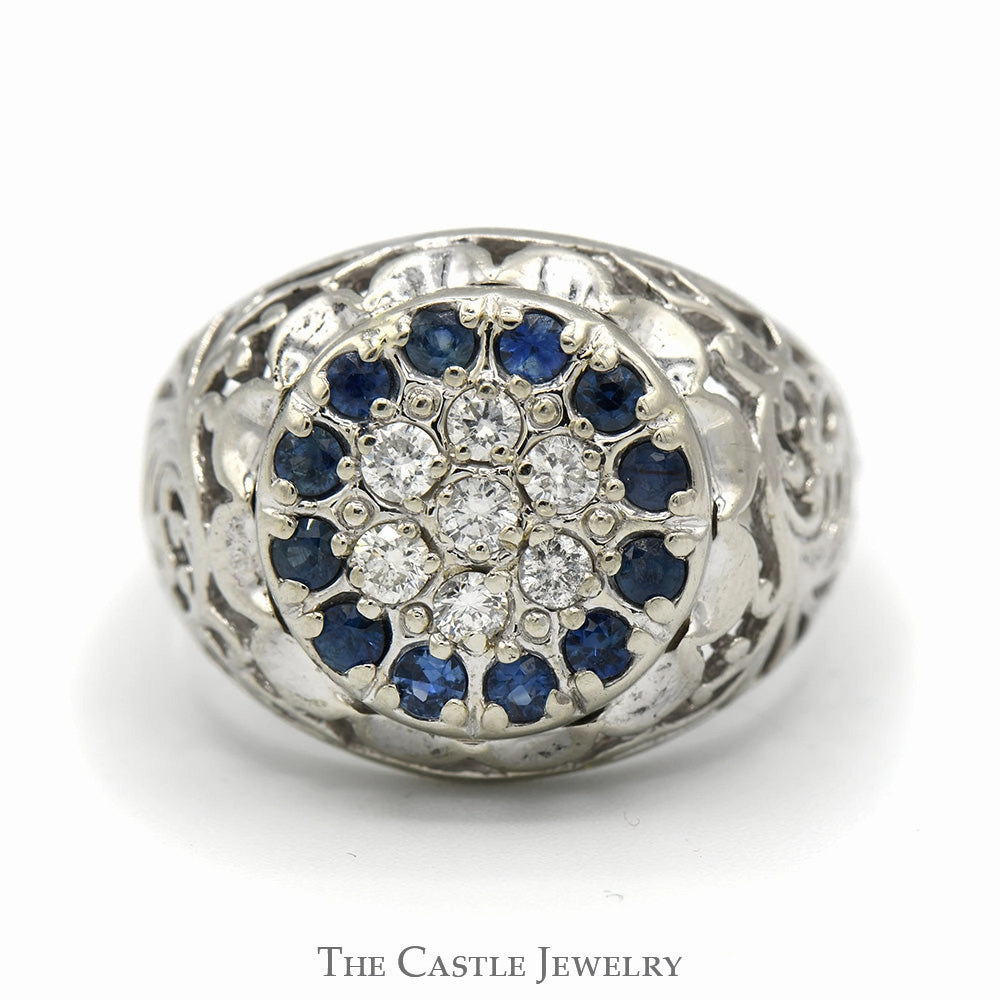 HighEnd Bauble Sapphire & Diamond Kentucky Cluster Ring with Open Filigree Sides in 10k White Gold