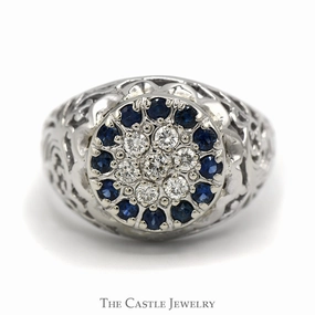 Signed Piece Sapphire & Diamond Kentucky Cluster Ring with Open Filigree Sides in 10k White Gold