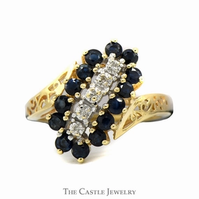 Sapphire & Diamond Waterfall Cluster Ring with Open Filigree Bypass Design in 10k Yellow Gold Durable Design