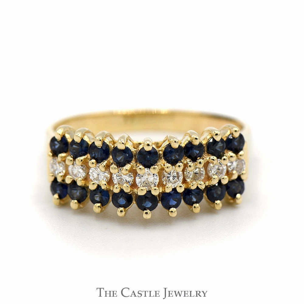 Work Friendly Style Sapphire and Diamond Cluster Band in 14k Yellow Gold Cathedral Mount